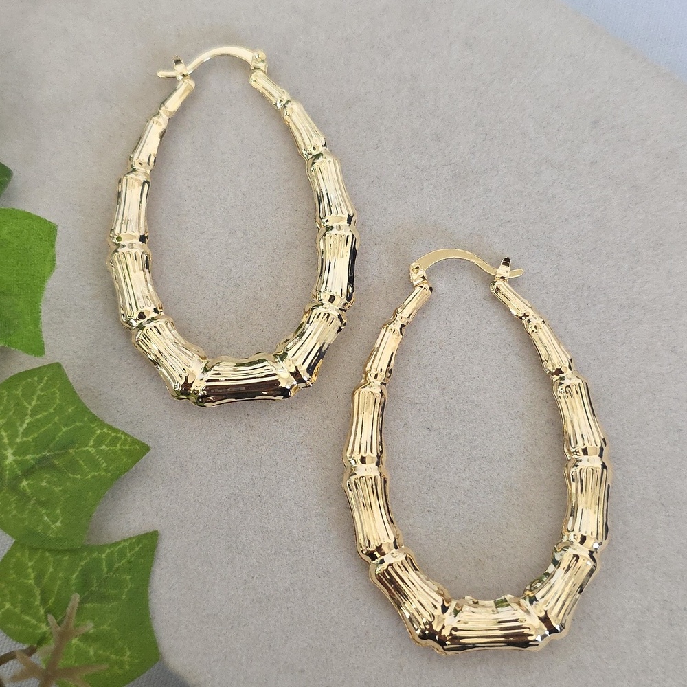 Gold Filled Medium Size Oval Bamboo Hoop Earrings